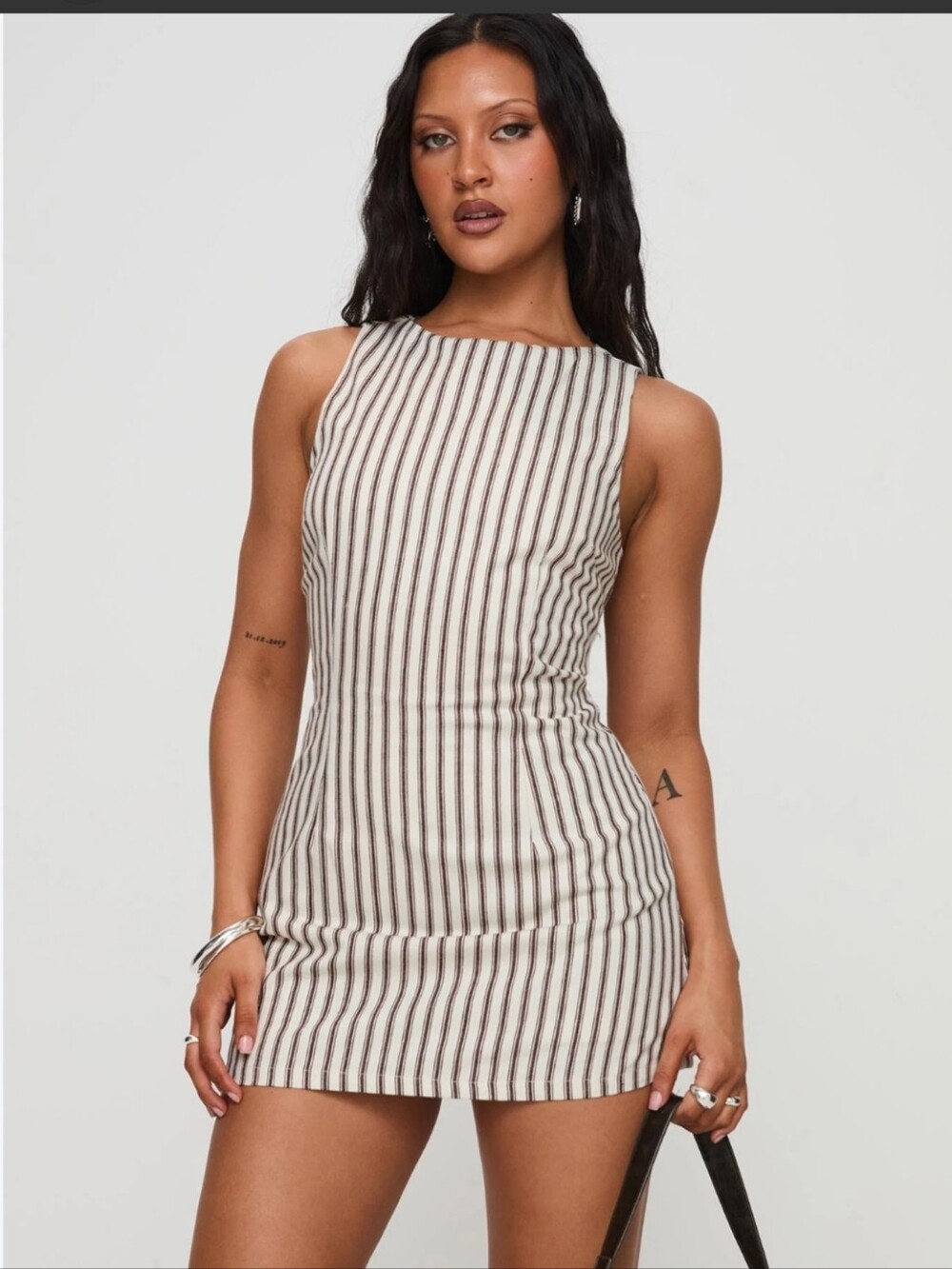 Princess Polly Striped Sleeveless Romper in Cream and Brown Size 4